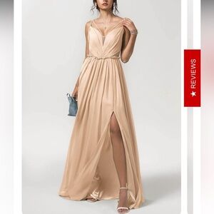 🥑NWT Cocomelody Pink Pearl A-Line Chiffon Bridesmaid Dress Formal Gown US 6